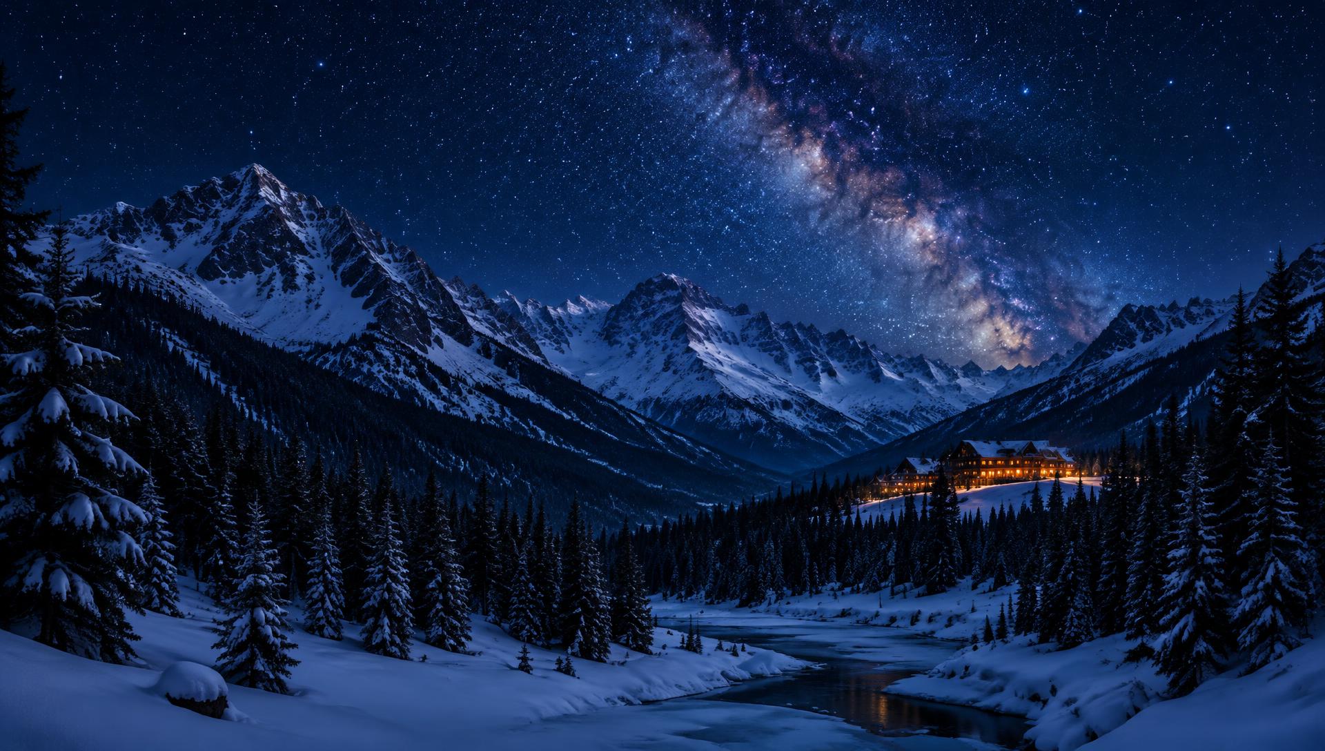 Starry night over a snowy valley (illustrative)